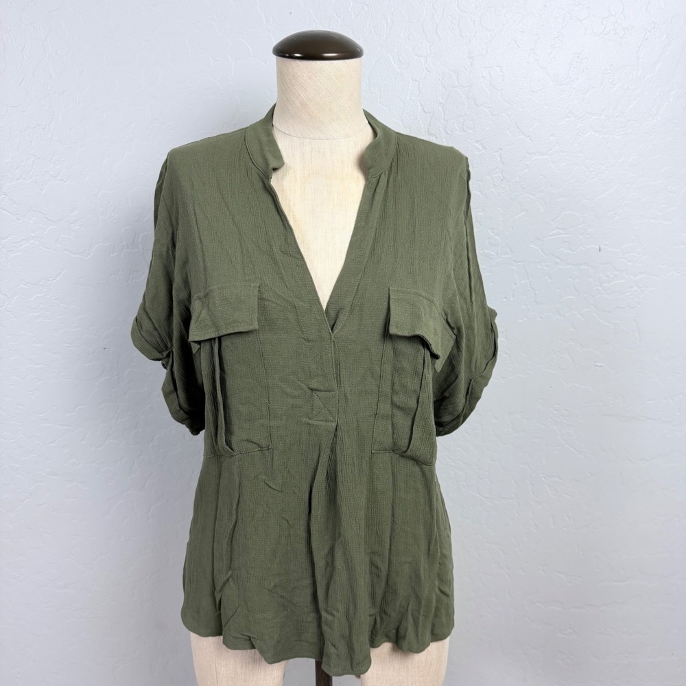 Maeve Anthropologie Olive Green Crinkle Textured V-Neck Short Sleeve Blouse S